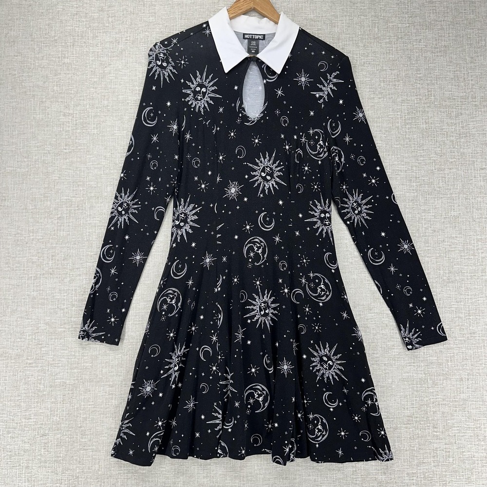 Hot Topic Dress Womens Size M Black Celestial Sun Moon Collar Fit Flare Mini